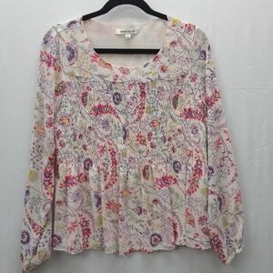 Women's Rose & Olive Blouse - Cream w/Pink and Purple Florals Small Long Sleeves